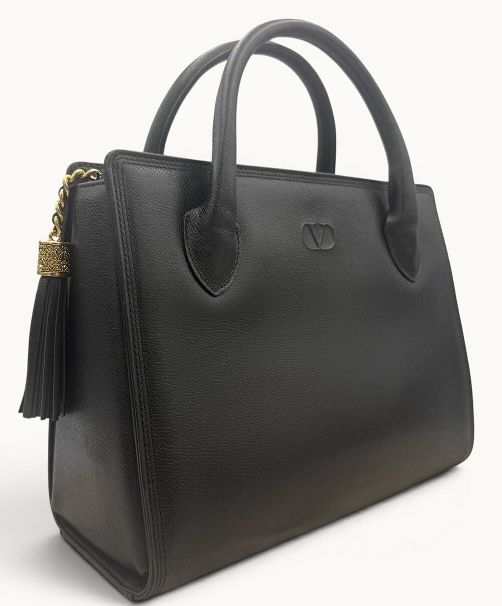 Valentino Garavani Black Leather Satchel Bag Handbag V Logo Tassel Made Italy